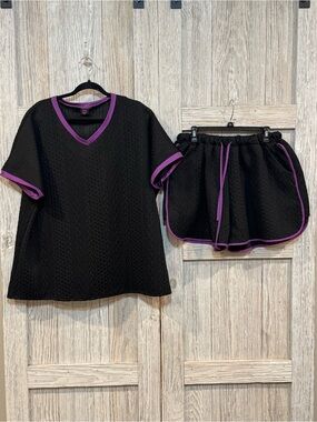 Rebel Raven Black Knit Two-Piece Short Set with Purple Trim Sz 2XL